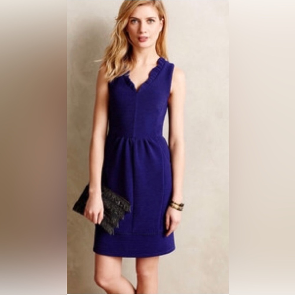 Anthropologie Maeve Ruffle Neck Dress Medium | Feminine Pocket Mini Casual Chic